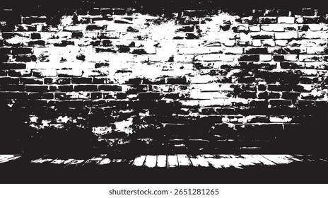 a high contrast image showing a brick wall and a wooden floor in a dark, grunge style monochromatic setting