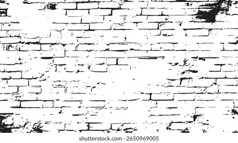a high contrast image of a white brick wall with black mortar and areas of damage and wear visible on the surface