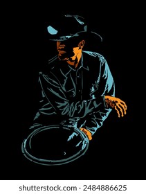 High contrast, isolated, cowboy illustration on black background.