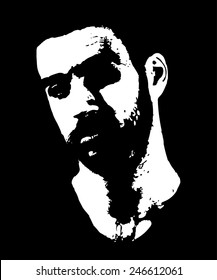 High contrast low key portrait of bearded serious manly guy.  Easy editable layered vector illustration. 