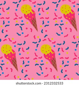 High contrast minimalistic seamless pattern with ice cream and confetti on pink background. Vector bold ice cream cone illustration. Perfect for wrapping, background, kids textile, wallpaper, poster