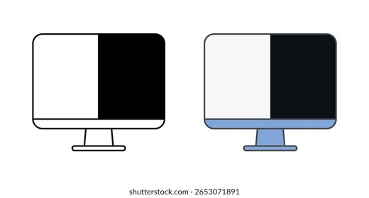 Ícone de modo de alto contraste com tela em preto-e-branco dividida e monitor, ideal para acessibilidade visual, aprimoramento da legibilidade e ilustrações de personalização da interface do usuário.