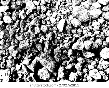 High contrast monochrome black and white scattered stones illustration. Edgy crushed rock gravel texture, industrial grunge vector backdrop EPS file.