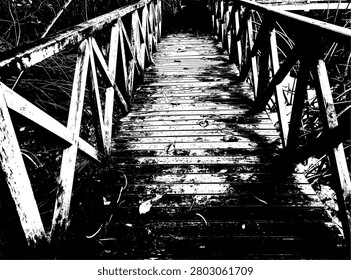 High contrast monochrome illustration of fallen leaves on a wooden boardwalk bridge in a mangrove forest. Rustic timber path stencil graphic element vector for grunge design.