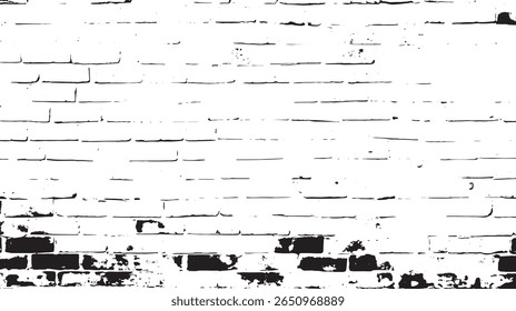 a high contrast monochrome image featuring a distressed brick wall texture in black and white tones
