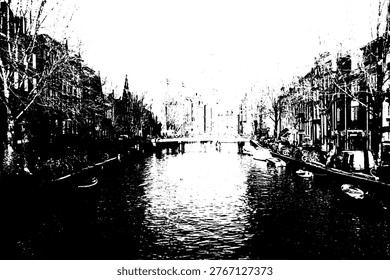 High contrast monochrome vector of a calm urban river canal. Detailed black and white silhouette of city buildings and water reflection, perfect for minimalist travel posters and graphic design