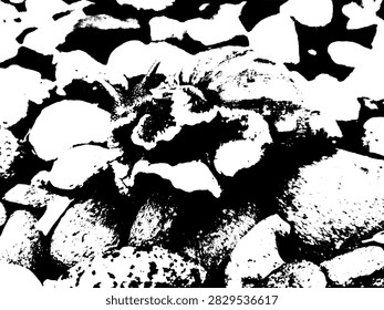 High contrast monochrome vector illustration of a land snail crawling on a bed of small rocks and gravel.