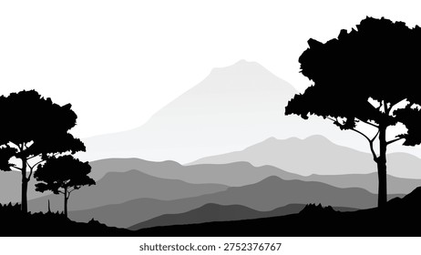 High Contrast Mountain Landscape Silhouette with Large Trees and Misty Peaks Vector Illustration