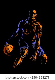 Alto contraste, color naranja y azul, jugador de baloncesto. Ilustración vectorial.