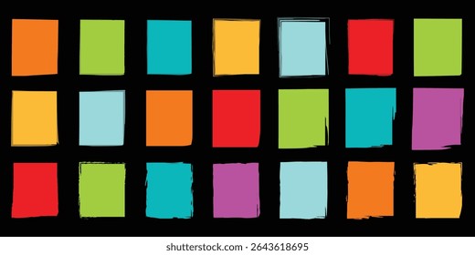 High contrast painted square designs with expressive borders in rainbow tones for use in posters, branding, icon packs, or editorial compositions.