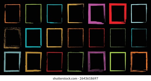 High contrast painted square designs with expressive borders in rainbow tones for use in posters, branding, icon packs, or editorial compositions.