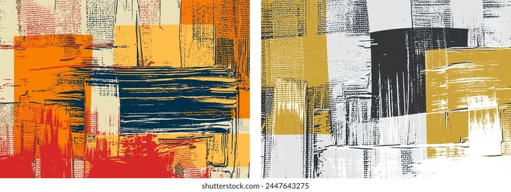 High contrast patterns, paint strokes on canvas, set of paintings, orange cross hatching grungy vector backdrop, colorful abstract background