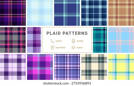 High contrast plaid pack advertising visuals. Bold tartan geometry grabs attention. Vector scalability enables size freedom.