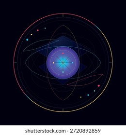 Emblema de atlas cuántico de alto contraste con geometría en capas, trayectorias orbitales y simetría de cuadrícula multidimensional.