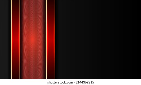 Bandas brillantes rojas de alto contraste, de fondo negro y dorado. Resumen del diseño de banner gráfico de tecnología. Antecedentes corporativos vectores.