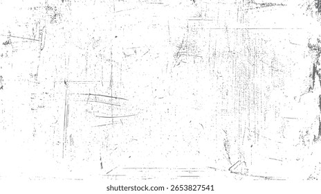 High contrast scratched grunge texture with vintage damage and dusty surface. Weathered white background with retro distressed look.
