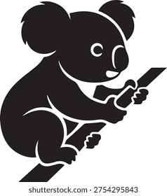High contrast silhouette of a cute koala cub climbing a tree branch in a minimalist flat style for nature designs