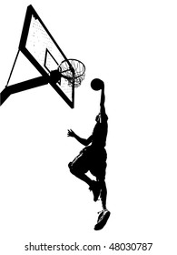 High contrast silhouette illustration of an athlete slam dunking a basketball.