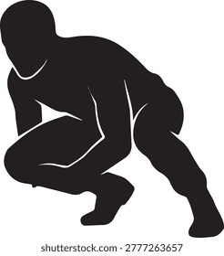 High contrast silhouette of a ninja or tactical agent crouching. Minimalist vector for gaming and spy themed adventure promotions.