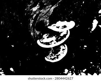 High contrast stencil illustration of ganoderma lucidum reishi mushroom growing on a mossy tree trunk. Abstract grunge vector texture of medicinal polypore fungi graphic.