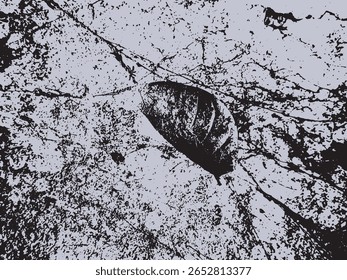 Uma imagem estilizada de alto contraste com uma silhueta de folha escura proeminente sobre um fundo cinza claro texturizado com manchas pretas dispersas e formas abstratas.