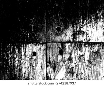 High contrast vector of four wood board corners joined by rusty nails, monochrome industrial timber texture, artistic grunge carpenter stencil for rustic and construction design.