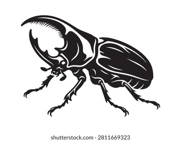 High contrast vector icon of a large horned rhinoceros beetle insect