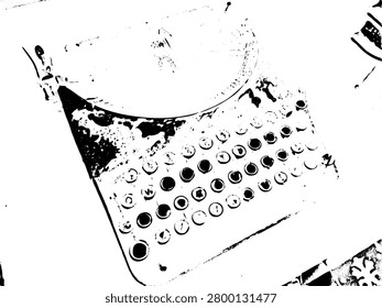 High contrast vector illustration of an antique manual typewriter on a table. Inverted monochrome stenciled writing machine with minimal grunge texture for vintage journalism design.