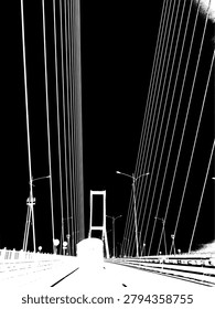 High contrast vector illustration of a cable-stayed bridge perspective. Monochrome suspension cables and pylon silhouette, modern civil engineering infrastructure.