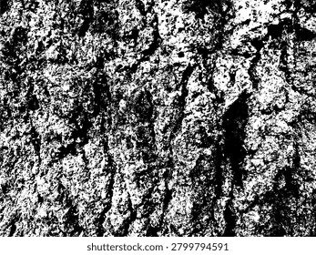 High contrast vector illustration of a mango tree bark surface texture. Gritty black and white grunge overlay pattern of natural organic rough wood grain for graphic design.