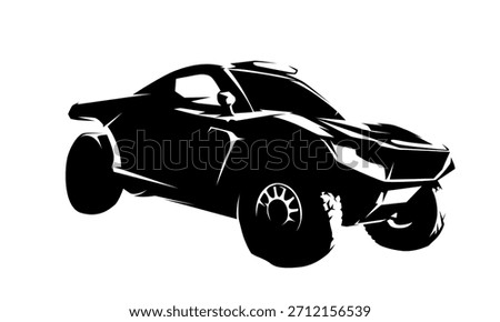 High contrast vector illustration of a personal rally Dakar racing car isolated on white background, dynamic off-road motorsport design.