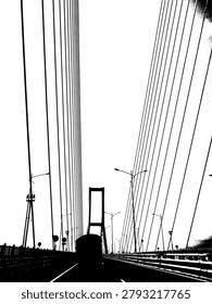 High contrast vector illustration of ropes tying a traditional wooden suspension bridge. Monochrome rustic hemp rope knot silhouette, engineering infrastructure stencil.