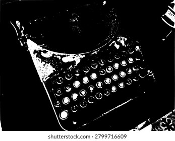 High contrast vector illustration of a vintage manual typewriter on a table. Stenciled monochrome antique writing machine with heavy grunge distressed texture for retro design.