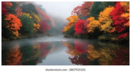 High contrast vector landscape with red and yellow autumn trees casting bright reflections on still lake water during foggy morning in the park.