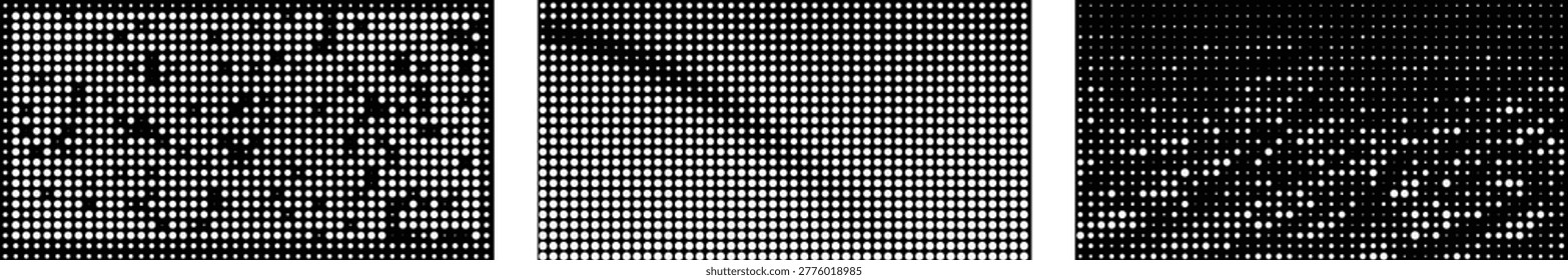 High contrast vector patterns with circular dots ranging from dense grids to sparse clouds.