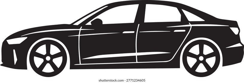 High contrast vector silhouette of a 2026 luxury performance sedan with a long wheelbase and aggressive character lines.