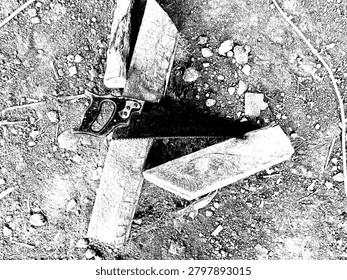 High contrast vector silhouette of a hand saw and wood logs from above. Monochrome abstract woodworking craft stencil on grungy ground texture.