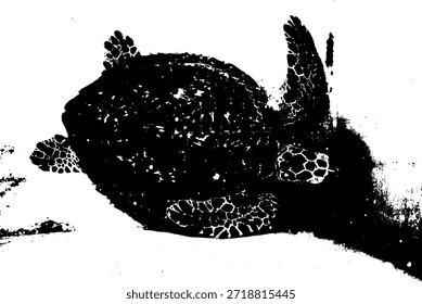 Kontrastreiche Vektorsilhouette einer Meeresschildkröte in einem Rehabilitationstank. Künstlerische monochrome Illustration, die den Schutz der Meere und die Rettung von Wildtieren darstellt.