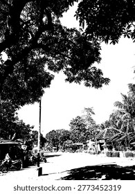 High contrast vector silhouette of a street with an electric pole under a shady tree. Minimalist rural infrastructure illustration featuring a quiet road and tropical greenery in monochrome.