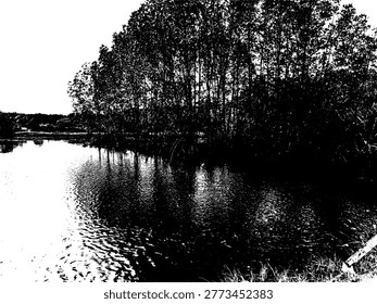 High contrast vector silhouette of a traditional brackish fish pond with a central mangrove tree. Minimalist tropical aquaculture illustration, perfect for nature-themed graphic design and eco-tourism.
