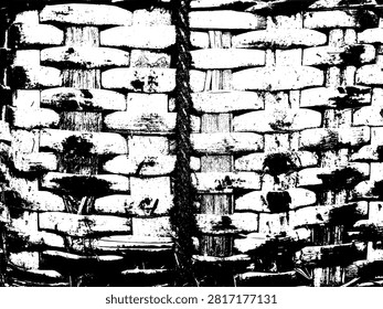 High contrast vector silhouette of traditional woven bamboo basket texture bound by a rustic fiber rope. Abstract black and white monochrome pattern of ethnic wicker craft.
