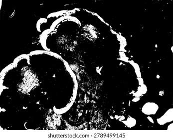 High contrast vector silhouette of wild mushrooms growing on a log. Minimalist black and white wood decaying polypore fungus illustration isolated.