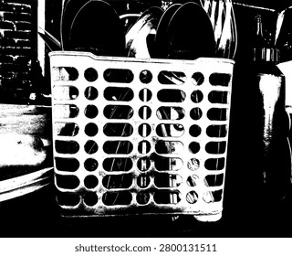 High contrast vector of spoons and forks inside a plastic basket organizer. Stenciled cutlery illustration with a rustic brick wall background texture for kitchen and cafe design.