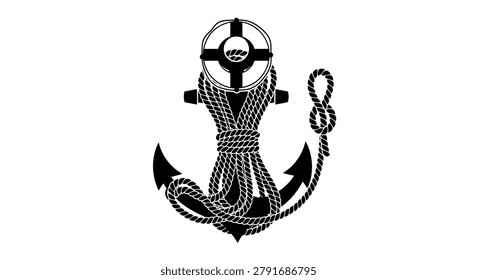A high contrast vector style graphic featuring a heavy ship anchor coiled with thick maritime rope and topped with a lifebuoy ring.