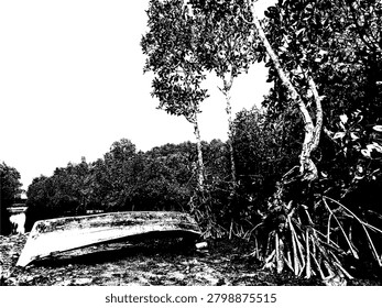 High contrast vector of an upturned wooden boat in a mangrove wetland. Gritty black and white grunge silhouette of a traditional canoe by stilt roots, coastal forest background, and high tide.