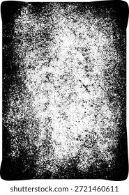 Hochkontrastreiche vertikale schwarz-weiße Grunge-Textur-Overlay mit schweren Kornstaubflecken und einem bedrängten Vignettenrand für Retro-Ästhetik