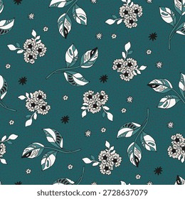 Kontrastreiche weiße Blüten mit Teal Blätter auf dunklem Teal-Boden für Tapete Stoff Bettwäsche Polsterung und Geschenkverpackung.