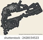 High contrasted terminals layout diagram map with airfield road lines and name tag of the SÃO PAULO GUARULHOS INTERNATIONAL AIRPORT (GRU), GUARULHOS