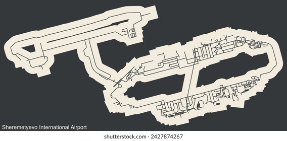 High contrasted terminals layout diagram map with airfield road lines and name tag of the SHEREMETYEVO - A.S. PUSHKIN INTERNATIONAL AIRPORT (SVO), MOSCOW