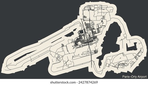 High contrasted terminals layout diagram map with airfield road lines and name tag of the PARIS-ORLY AIRPORT (ORY), ORLY